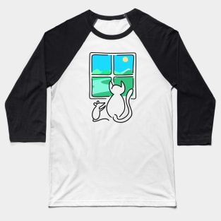 Cat and Mouse Window View BLACK OUTLINE Baseball T-Shirt